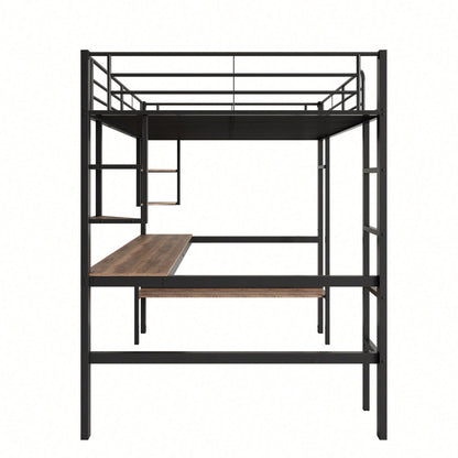90x200cm Bettgestell Metallbett, Eisenbett mit Schreibtisch, Hochbett mit vier kleinen Regalen und einem großen Bücherregal für Kinder, Jugendliche und Erwachsene, Weiß