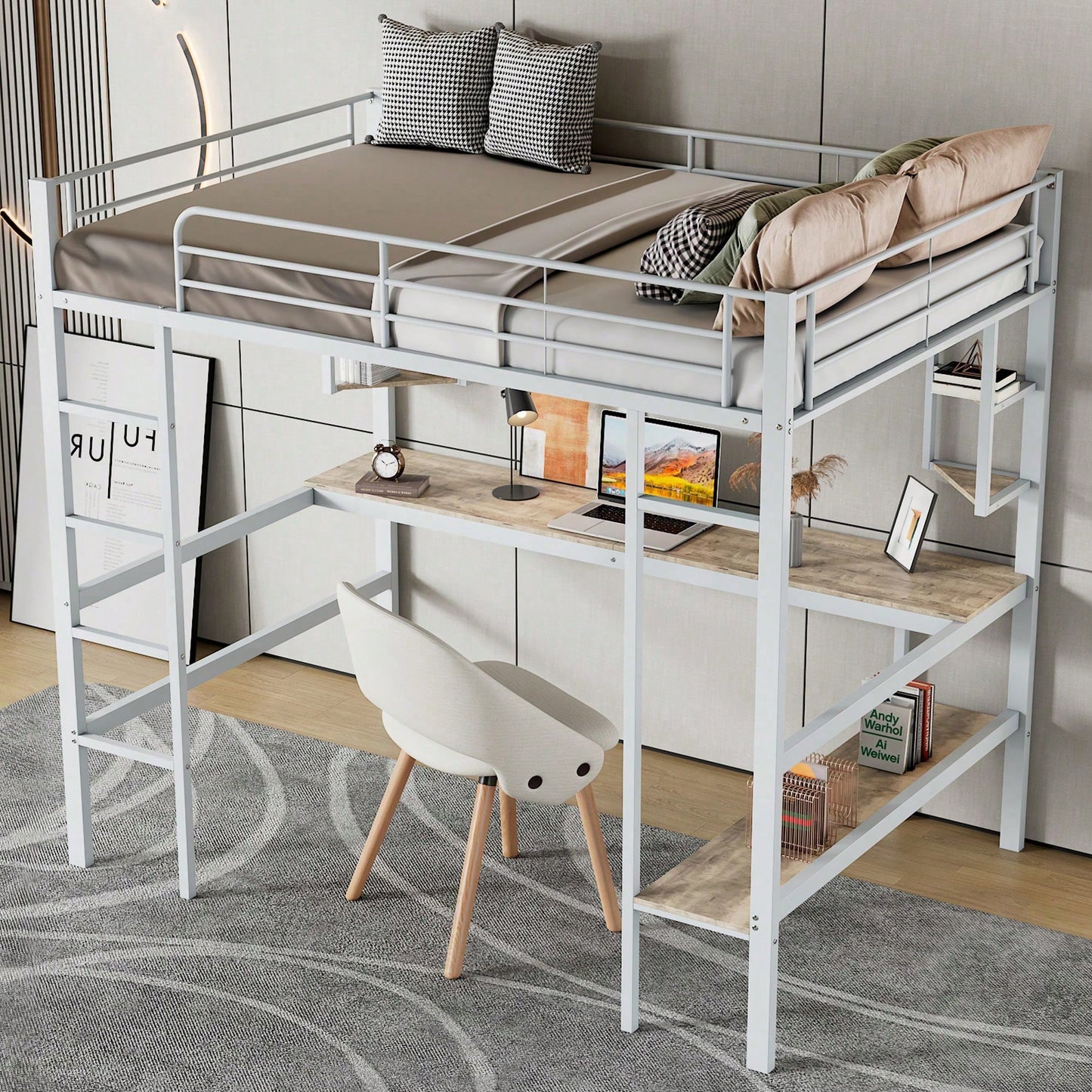 90x200cm Bettgestell Metallbett, Eisenbett mit Schreibtisch, Hochbett mit vier kleinen Regalen und einem großen Bücherregal für Kinder, Jugendliche und Erwachsene, Weiß