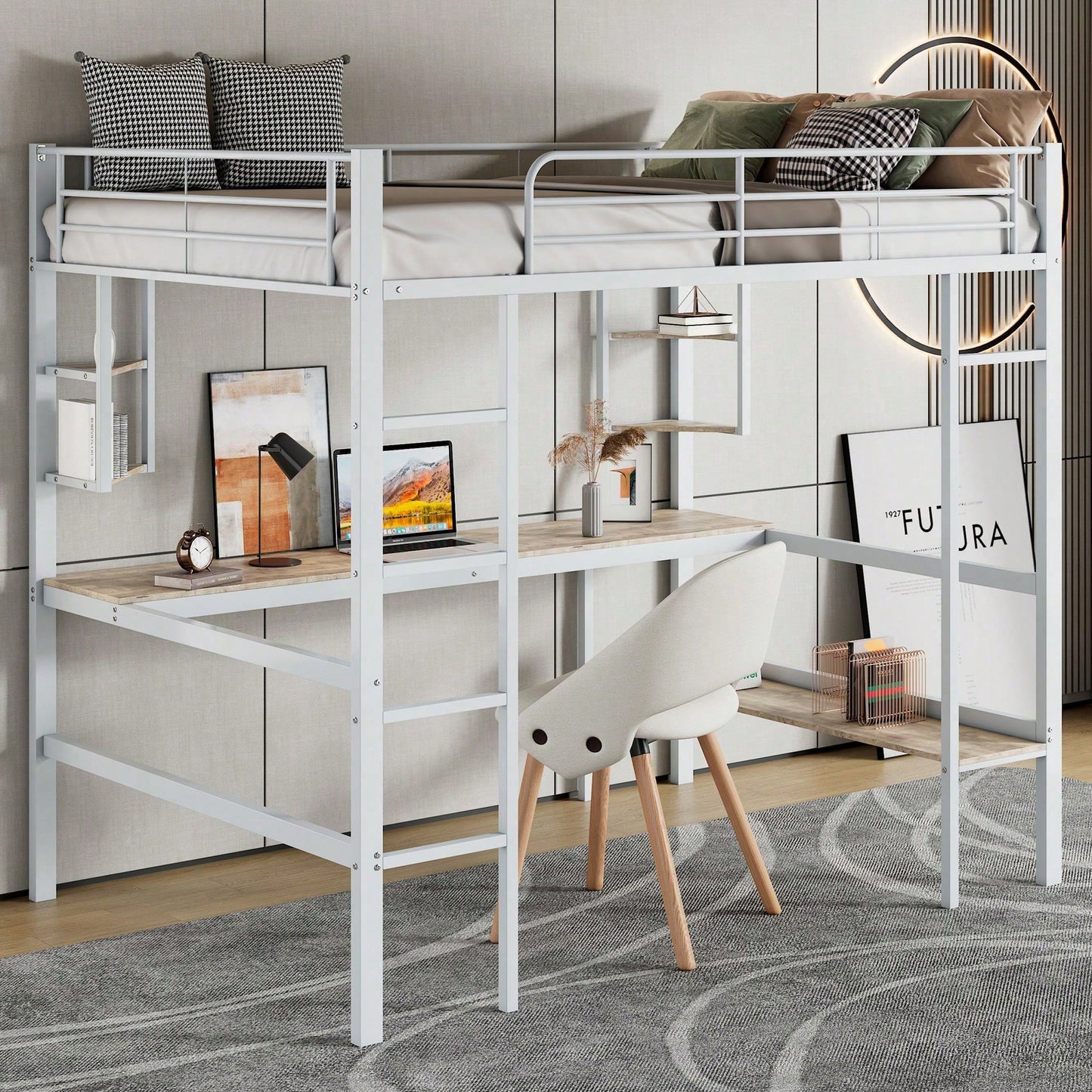 90x200cm Bettgestell Metallbett, Eisenbett mit Schreibtisch, Hochbett mit vier kleinen Regalen und einem großen Bücherregal für Kinder, Jugendliche und Erwachsene, Weiß