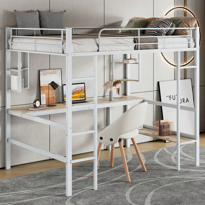 90x200cm Bettgestell Metallbett, Eisenbett mit Schreibtisch, Hochbett mit vier kleinen Regalen und einem großen Bücherregal für Kinder, Jugendliche und Erwachsene, Weiß