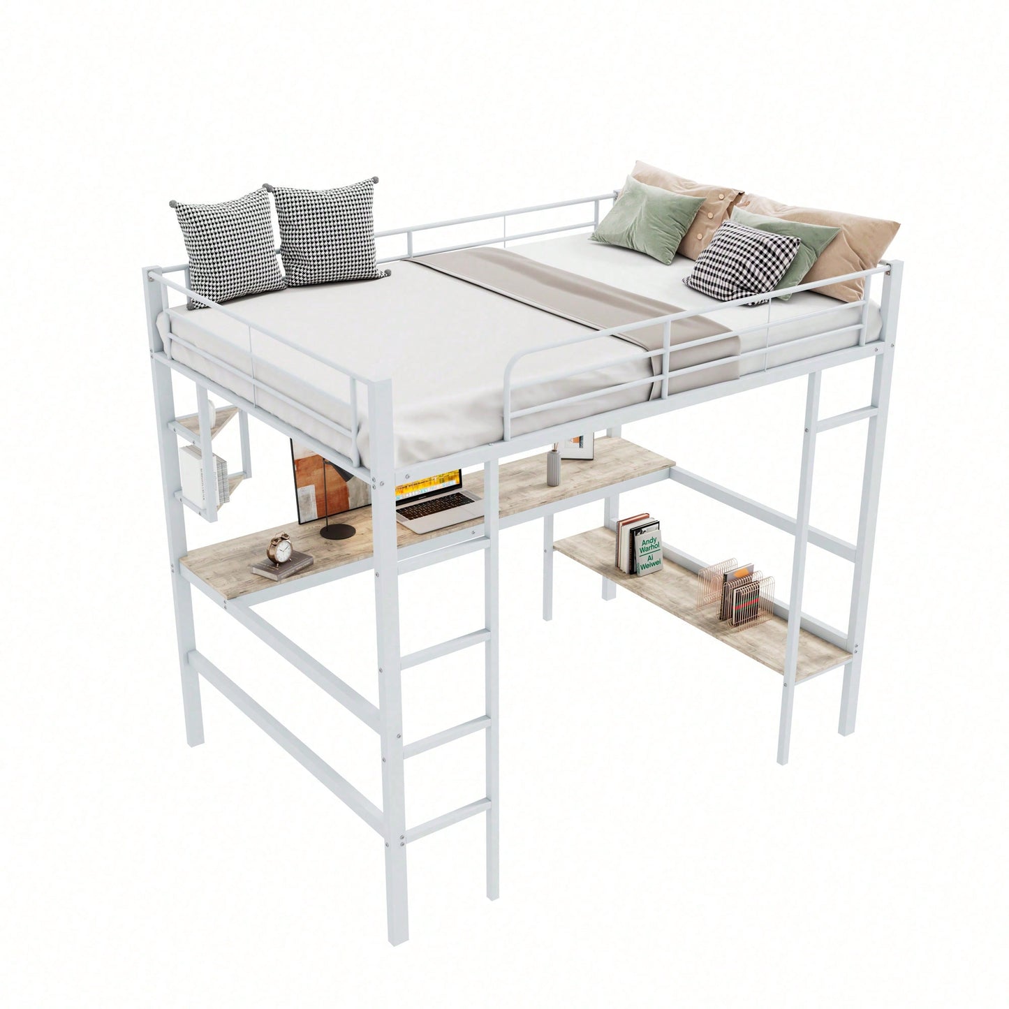 90x200cm Bettgestell Metallbett, Eisenbett mit Schreibtisch, Hochbett mit vier kleinen Regalen und einem großen Bücherregal für Kinder, Jugendliche und Erwachsene, Weiß