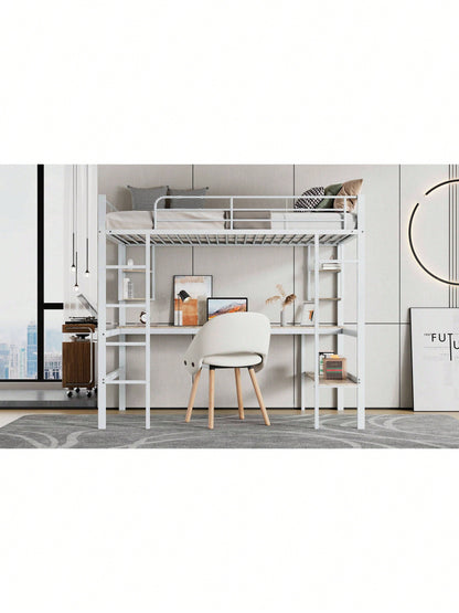 90x200cm Bettgestell Metallbett, Eisenbett mit Schreibtisch, Hochbett mit vier kleinen Regalen und einem großen Bücherregal für Kinder, Jugendliche und Erwachsene, Weiß