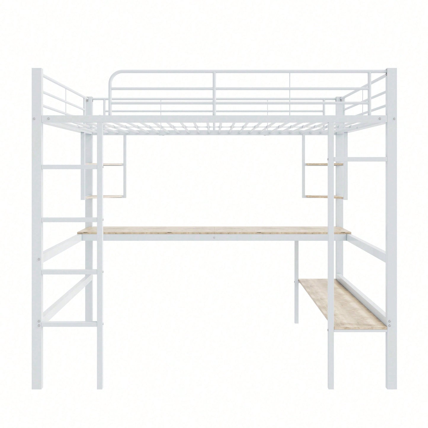 90x200cm Bettgestell Metallbett, Eisenbett mit Schreibtisch, Hochbett mit vier kleinen Regalen und einem großen Bücherregal für Kinder, Jugendliche und Erwachsene, Weiß