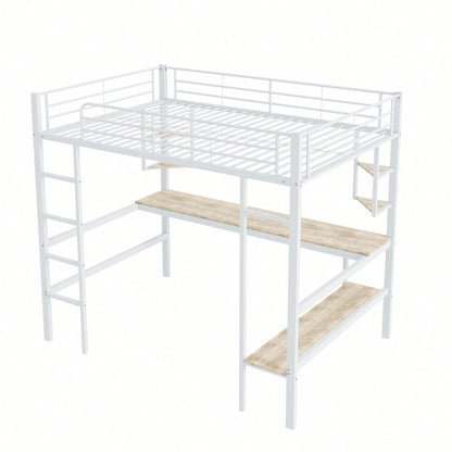 90x200cm Bettgestell Metallbett, Eisenbett mit Schreibtisch, Hochbett mit vier kleinen Regalen und einem großen Bücherregal für Kinder, Jugendliche und Erwachsene, Weiß