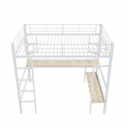 90x200cm Bettgestell Metallbett, Eisenbett mit Schreibtisch, Hochbett mit vier kleinen Regalen und einem großen Bücherregal für Kinder, Jugendliche und Erwachsene, Weiß