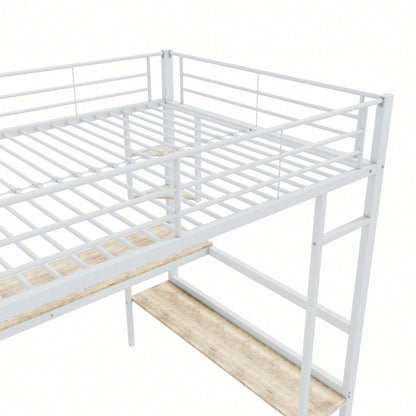 90x200cm Bettgestell Metallbett, Eisenbett mit Schreibtisch, Hochbett mit vier kleinen Regalen und einem großen Bücherregal für Kinder, Jugendliche und Erwachsene, Weiß