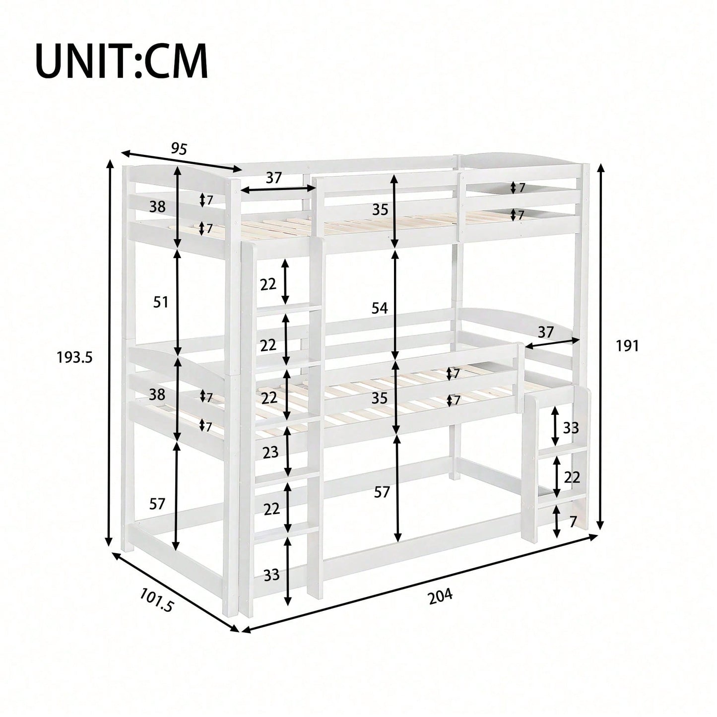 Etagenbett, 90*200cm, Single-Size-Holz-Dreier-Etagenbett für Kinder, Ohne Matratze, weiß (90*200cm)