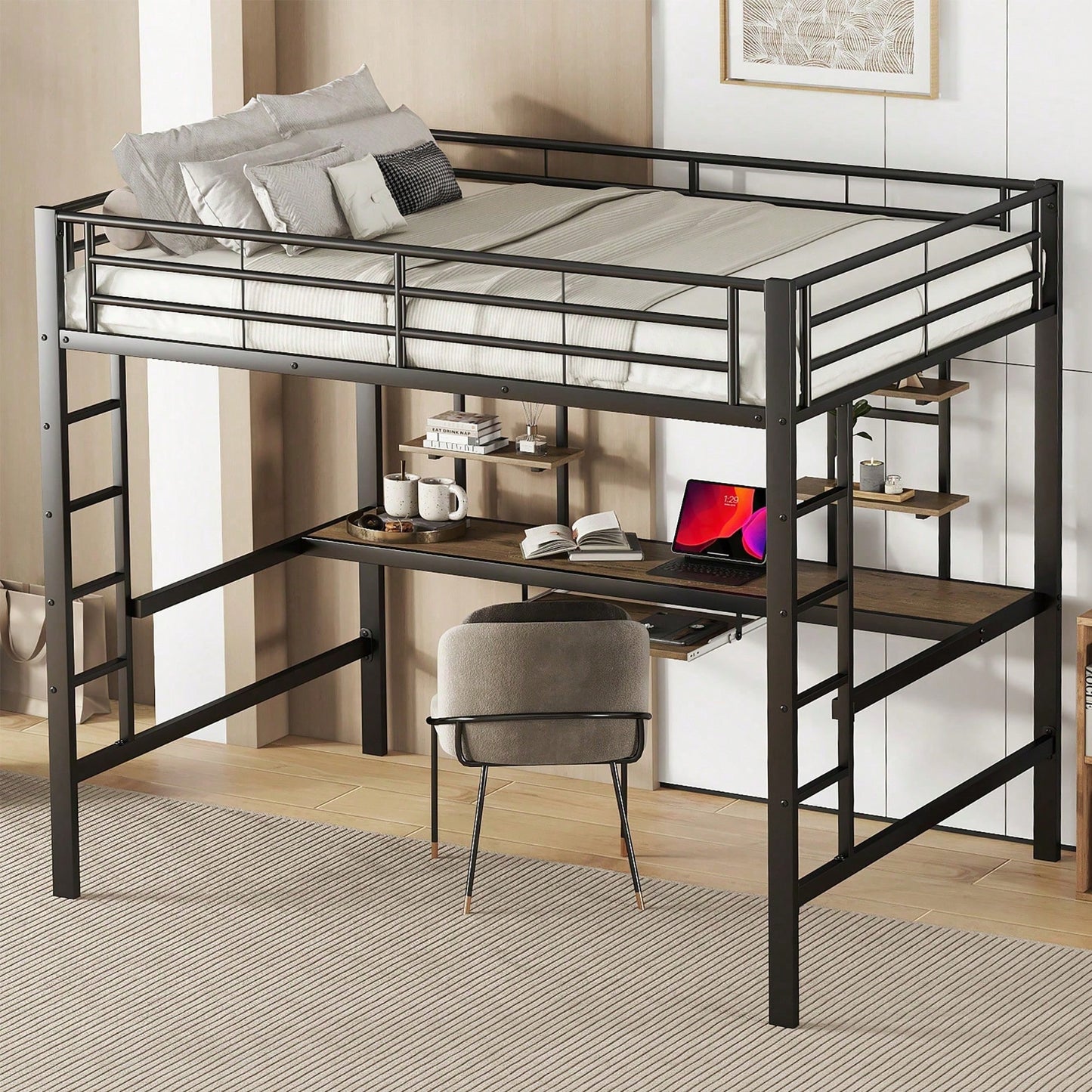 Hochbett, 140*200 cm, Bettgestell Metallbett, Eisenbett, Hochbett mit Schreibtisch und zwei Bücherregalen für Kinder, Jugendliche und Erwachsene, Weiß