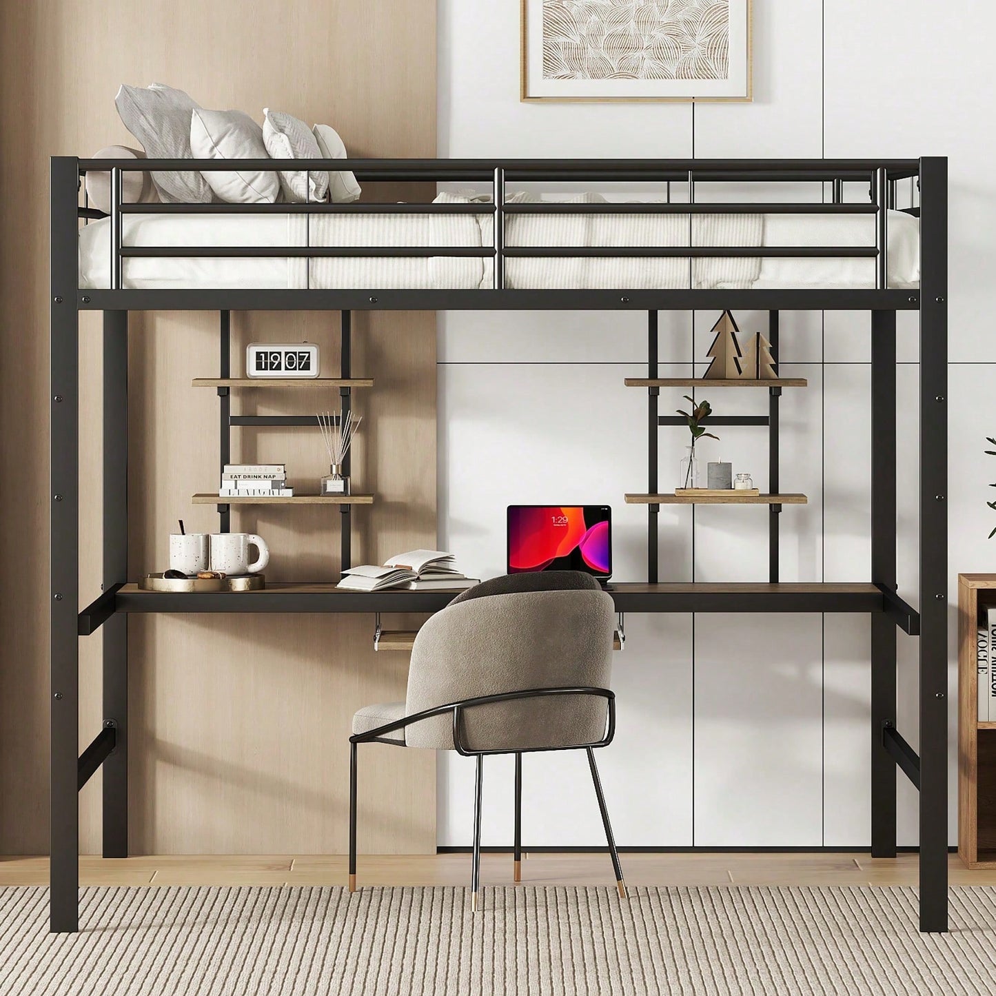 Hochbett, 140*200 cm, Bettgestell Metallbett, Eisenbett, Hochbett mit Schreibtisch und zwei Bücherregalen für Kinder, Jugendliche und Erwachsene, Weiß