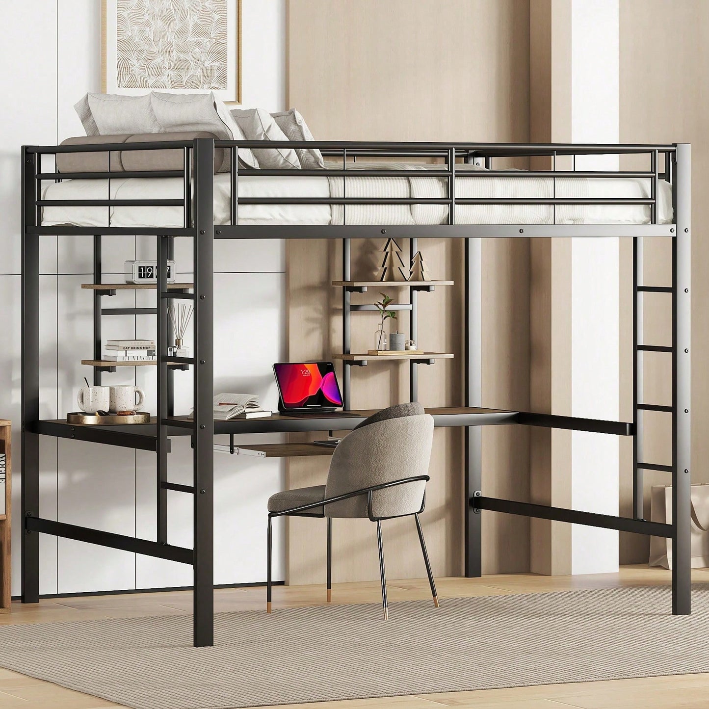 Hochbett, 140*200 cm, Bettgestell Metallbett, Eisenbett, Hochbett mit Schreibtisch und zwei Bücherregalen für Kinder, Jugendliche und Erwachsene, Weiß
