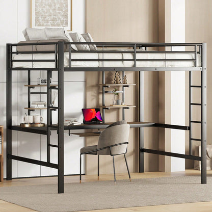 Hochbett, 140*200 cm, Bettgestell Metallbett, Eisenbett, Hochbett mit Schreibtisch und zwei Bücherregalen für Kinder, Jugendliche und Erwachsene, Weiß
