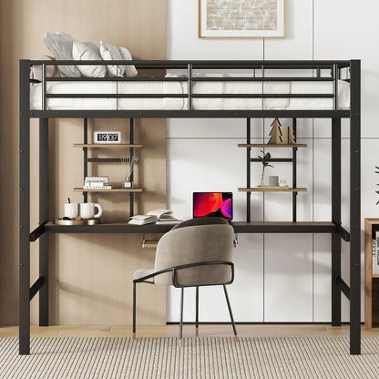 Hochbett, 140*200 cm, Bettgestell Metallbett, Eisenbett, Hochbett mit Schreibtisch und zwei Bücherregalen für Kinder, Jugendliche und Erwachsene, Weiß