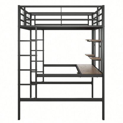 Hochbett, 140*200 cm, Bettgestell Metallbett, Eisenbett, Hochbett mit Schreibtisch und zwei Bücherregalen für Kinder, Jugendliche und Erwachsene, Weiß