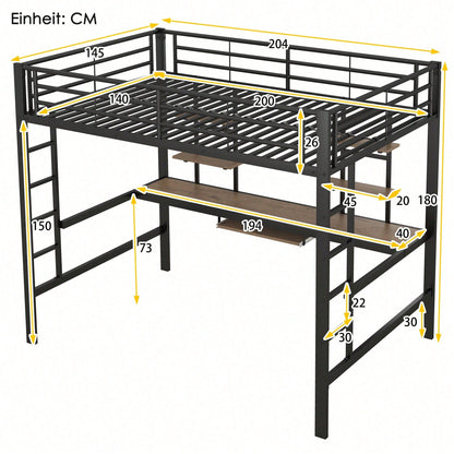 Hochbett, 140*200 cm, Bettgestell Metallbett, Eisenbett, Hochbett mit Schreibtisch und zwei Bücherregalen für Kinder, Jugendliche und Erwachsene, Weiß