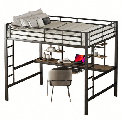 Hochbett, 140*200 cm, Bettgestell Metallbett, Eisenbett, Hochbett mit Schreibtisch und zwei Bücherregalen für Kinder, Jugendliche und Erwachsene, Weiß