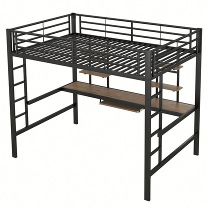 Hochbett, 140*200 cm, Bettgestell Metallbett, Eisenbett, Hochbett mit Schreibtisch und zwei Bücherregalen für Kinder, Jugendliche und Erwachsene, Weiß
