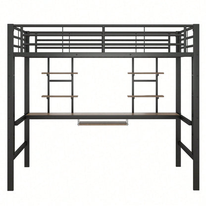 Hochbett, 140*200 cm, Bettgestell Metallbett, Eisenbett, Hochbett mit Schreibtisch und zwei Bücherregalen für Kinder, Jugendliche und Erwachsene, Weiß