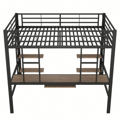 Hochbett, 140*200 cm, Bettgestell Metallbett, Eisenbett, Hochbett mit Schreibtisch und zwei Bücherregalen für Kinder, Jugendliche und Erwachsene, Weiß