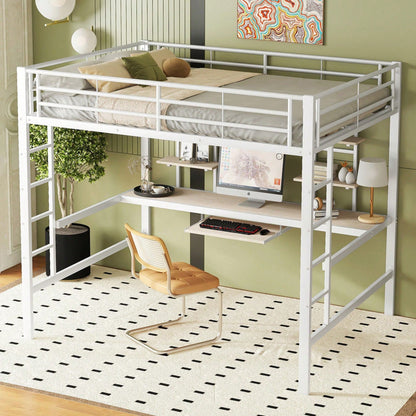 Hochbett, 140*200 cm, Bettgestell Metallbett, Eisenbett, Hochbett mit Schreibtisch und zwei Bücherregalen für Kinder, Jugendliche und Erwachsene, Weiß