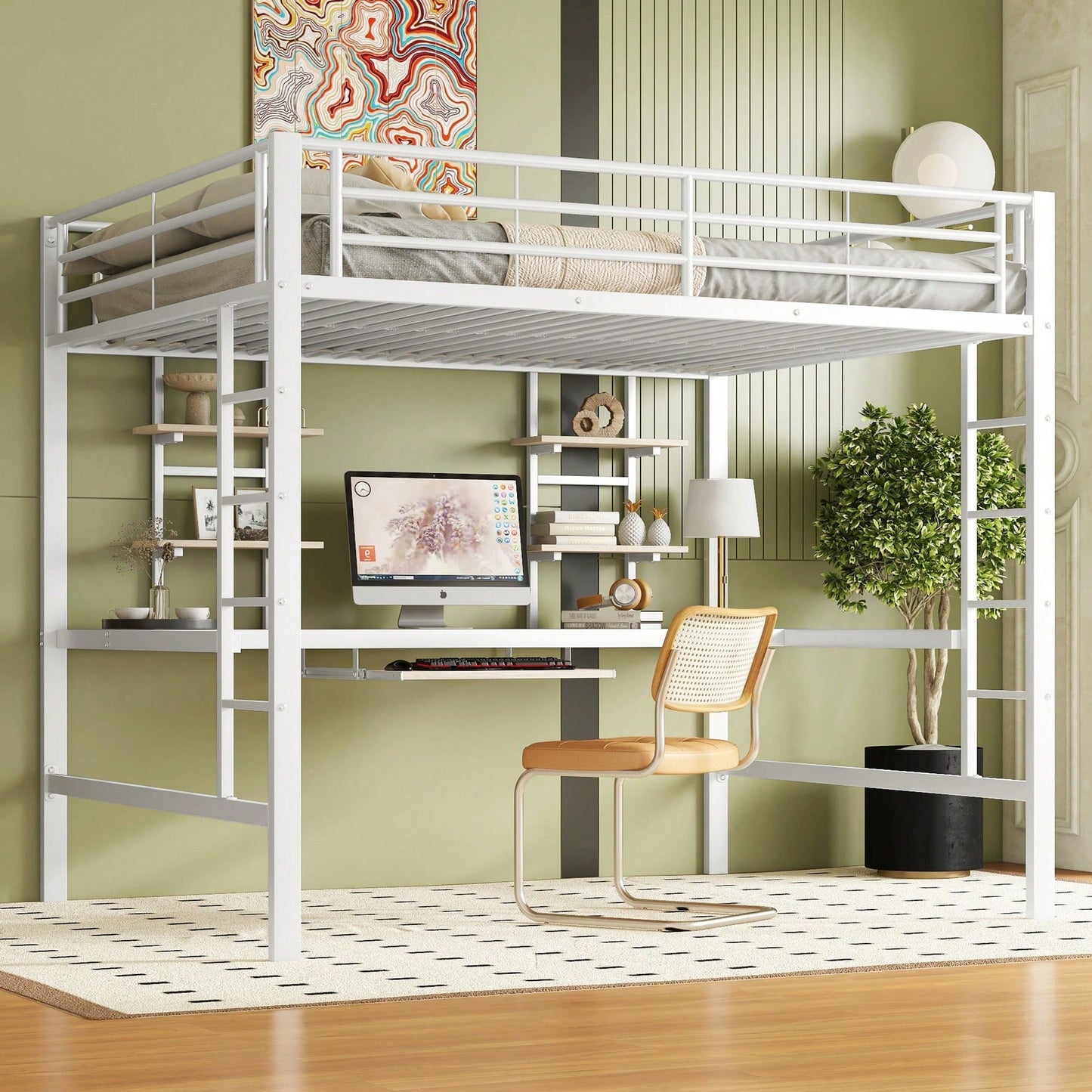 Hochbett, 140*200 cm, Bettgestell Metallbett, Eisenbett, Hochbett mit Schreibtisch und zwei Bücherregalen für Kinder, Jugendliche und Erwachsene, Weiß