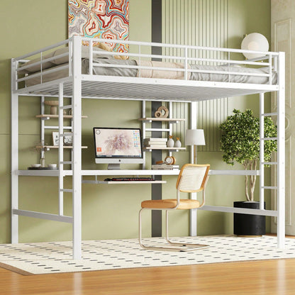 Hochbett, 140*200 cm, Bettgestell Metallbett, Eisenbett, Hochbett mit Schreibtisch und zwei Bücherregalen für Kinder, Jugendliche und Erwachsene, Weiß