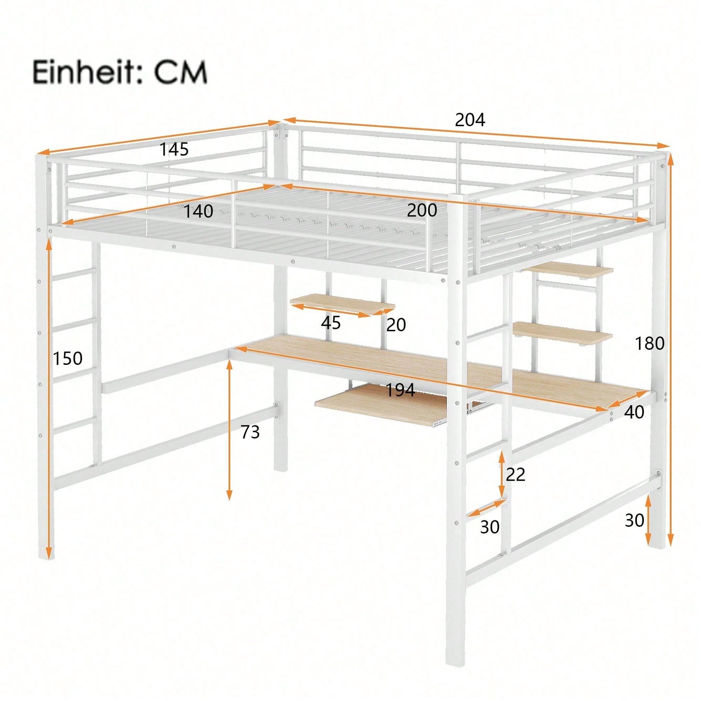 Hochbett, 140*200 cm, Bettgestell Metallbett, Eisenbett, Hochbett mit Schreibtisch und zwei Bücherregalen für Kinder, Jugendliche und Erwachsene, Weiß