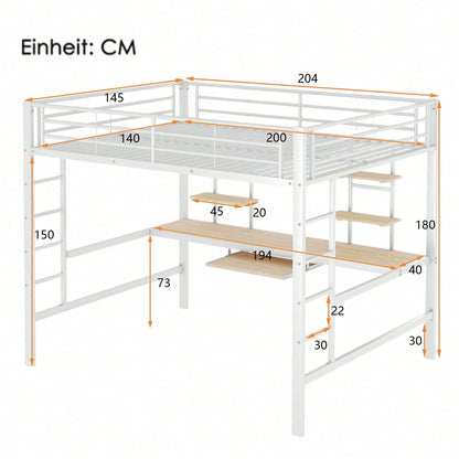 Hochbett, 140*200 cm, Bettgestell Metallbett, Eisenbett, Hochbett mit Schreibtisch und zwei Bücherregalen für Kinder, Jugendliche und Erwachsene, Weiß