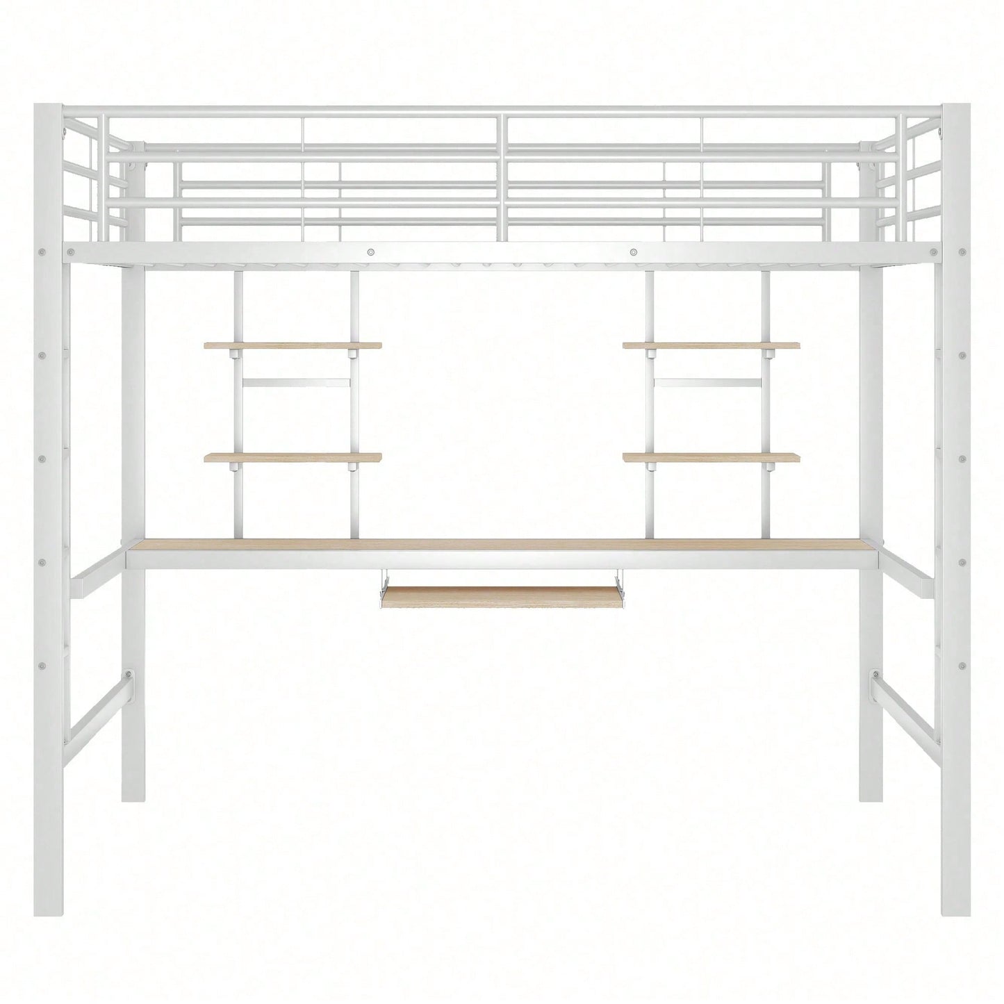Hochbett, 140*200 cm, Bettgestell Metallbett, Eisenbett, Hochbett mit Schreibtisch und zwei Bücherregalen für Kinder, Jugendliche und Erwachsene, Weiß