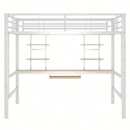 Hochbett, 140*200 cm, Bettgestell Metallbett, Eisenbett, Hochbett mit Schreibtisch und zwei Bücherregalen für Kinder, Jugendliche und Erwachsene, Weiß