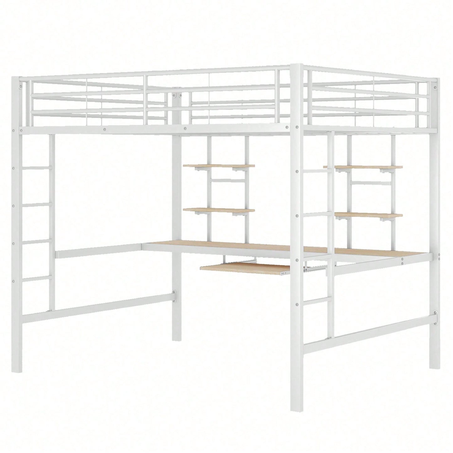 Hochbett, 140*200 cm, Bettgestell Metallbett, Eisenbett, Hochbett mit Schreibtisch und zwei Bücherregalen für Kinder, Jugendliche und Erwachsene, Weiß
