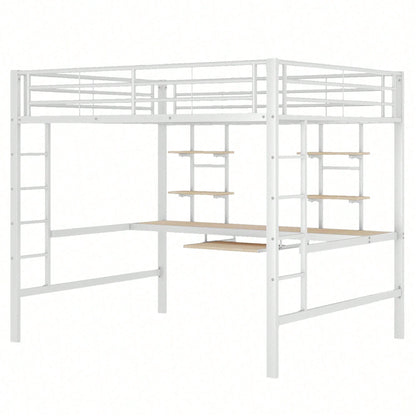 Hochbett, 140*200 cm, Bettgestell Metallbett, Eisenbett, Hochbett mit Schreibtisch und zwei Bücherregalen für Kinder, Jugendliche und Erwachsene, Weiß