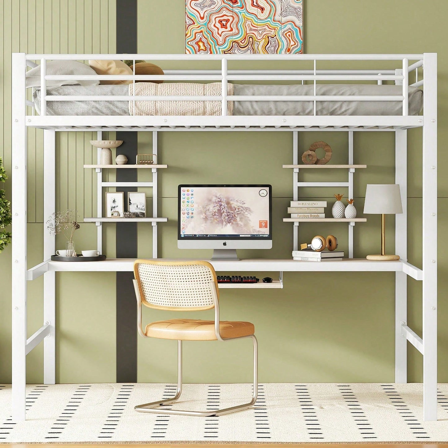 Hochbett, 140*200 cm, Bettgestell Metallbett, Eisenbett, Hochbett mit Schreibtisch und zwei Bücherregalen für Kinder, Jugendliche und Erwachsene, Weiß