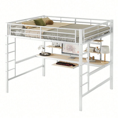 Hochbett, 140*200 cm, Bettgestell Metallbett, Eisenbett, Hochbett mit Schreibtisch und zwei Bücherregalen für Kinder, Jugendliche und Erwachsene, Weiß