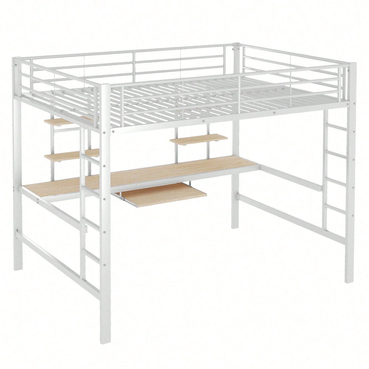Hochbett, 140*200 cm, Bettgestell Metallbett, Eisenbett, Hochbett mit Schreibtisch und zwei Bücherregalen für Kinder, Jugendliche und Erwachsene, Weiß