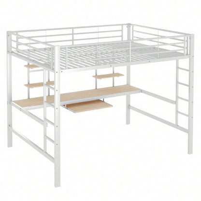 Hochbett, 140*200 cm, Bettgestell Metallbett, Eisenbett, Hochbett mit Schreibtisch und zwei Bücherregalen für Kinder, Jugendliche und Erwachsene, Weiß