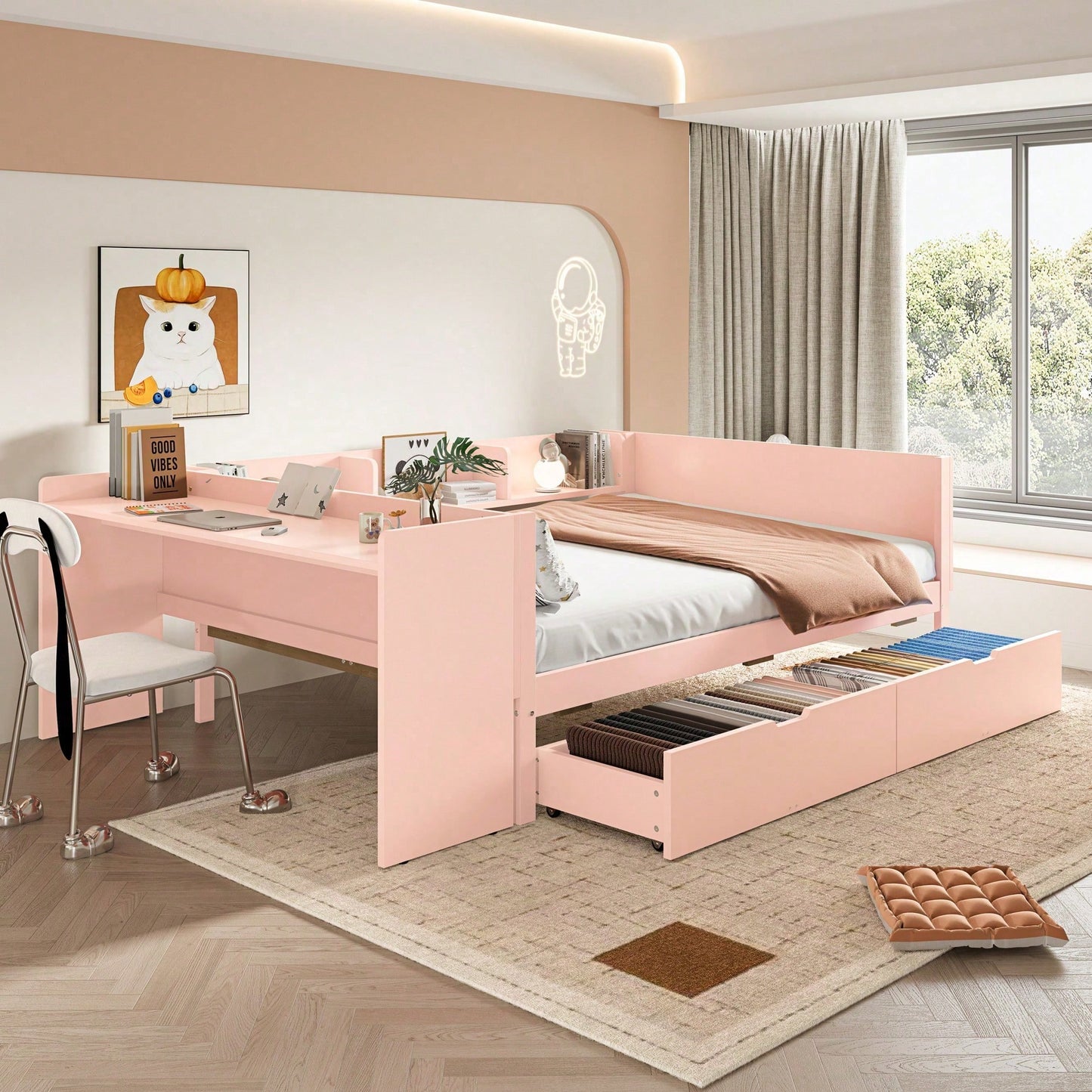 Flachbett, Holzbett, 140x200cm, mit Schreibtisch, ausgestattet mit 2 Schubladen, Doppelbett(Ohne Matratze), mit Regalen, Kiefer + Spanplatte, Rosa