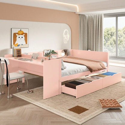 Flachbett, Holzbett, 140x200cm, mit Schreibtisch, ausgestattet mit 2 Schubladen, Doppelbett(Ohne Matratze), mit Regalen, Kiefer + Spanplatte, Rosa