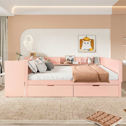 Flachbett, Holzbett, 140x200cm, mit Schreibtisch, ausgestattet mit 2 Schubladen, Doppelbett(Ohne Matratze), mit Regalen, Kiefer + Spanplatte, Rosa