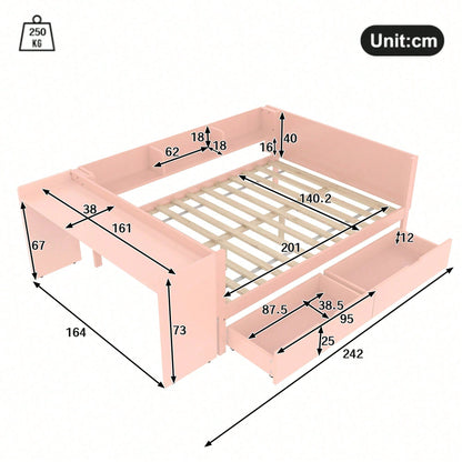 Flachbett, Holzbett, 140x200cm, mit Schreibtisch, ausgestattet mit 2 Schubladen, Doppelbett(Ohne Matratze), mit Regalen, Kiefer + Spanplatte, Rosa