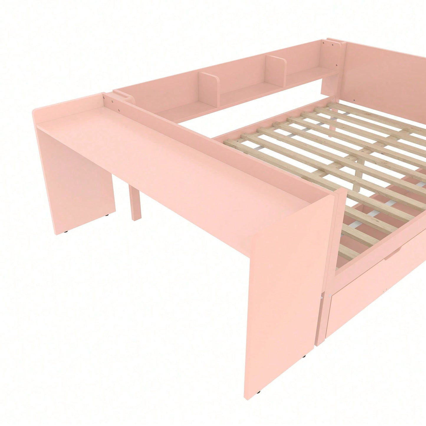 Flachbett, Holzbett, 140x200cm, mit Schreibtisch, ausgestattet mit 2 Schubladen, Doppelbett(Ohne Matratze), mit Regalen, Kiefer + Spanplatte, Rosa