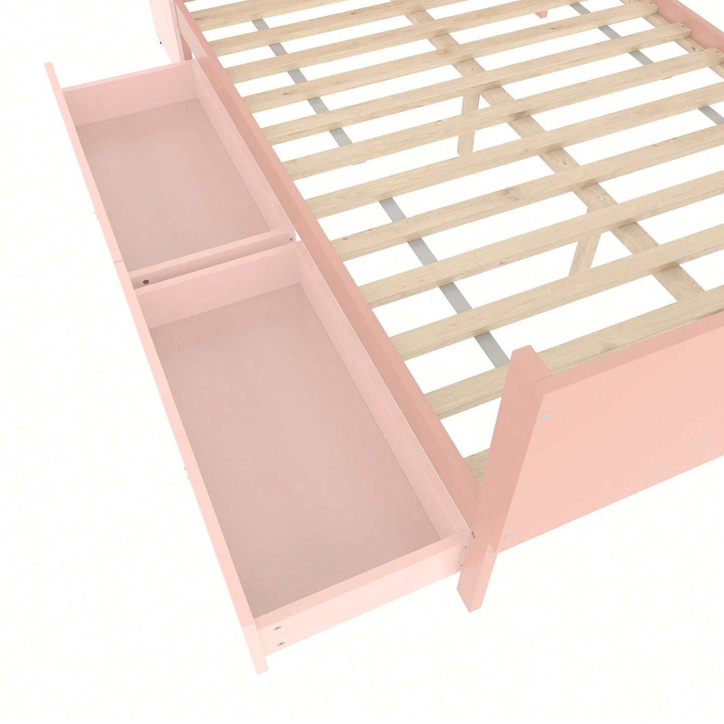 Flachbett, Holzbett, 140x200cm, mit Schreibtisch, ausgestattet mit 2 Schubladen, Doppelbett(Ohne Matratze), mit Regalen, Kiefer + Spanplatte, Rosa