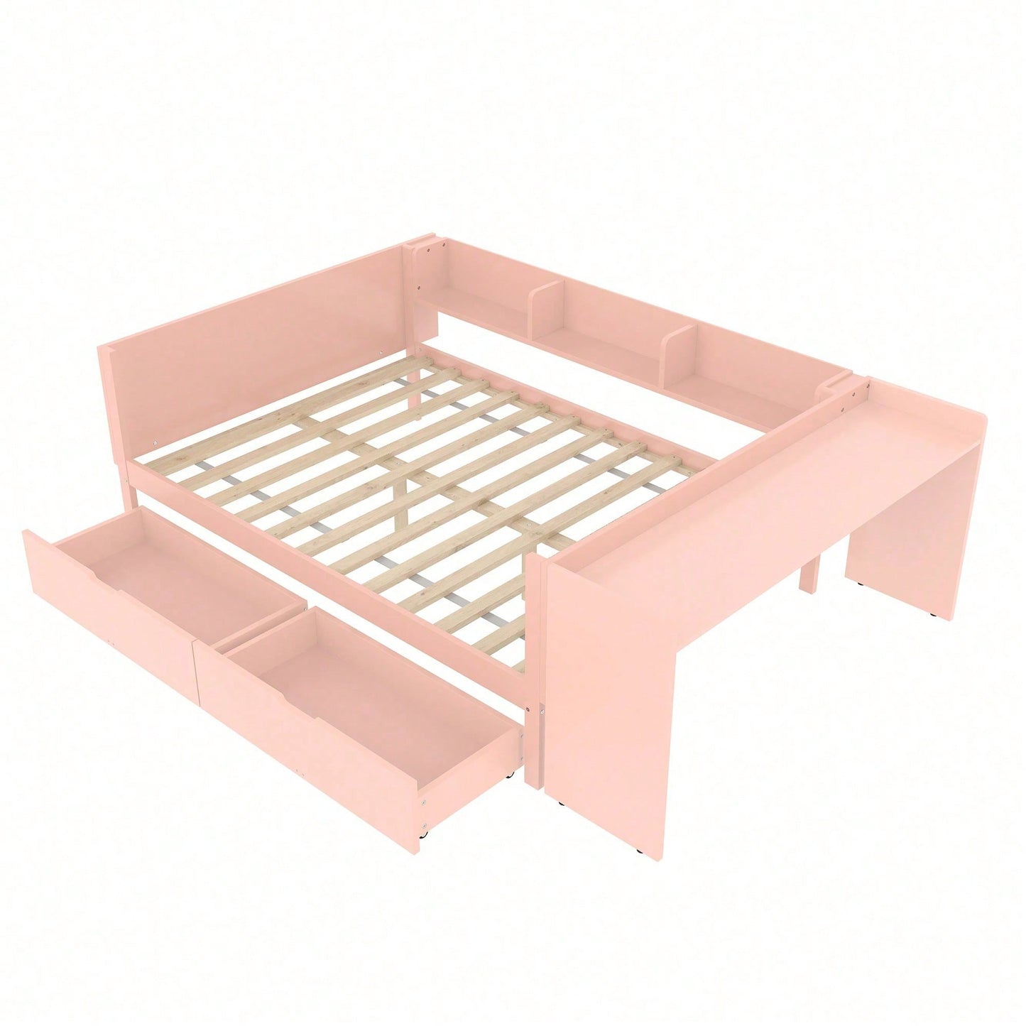 Flachbett, Holzbett, 140x200cm, mit Schreibtisch, ausgestattet mit 2 Schubladen, Doppelbett(Ohne Matratze), mit Regalen, Kiefer + Spanplatte, Rosa