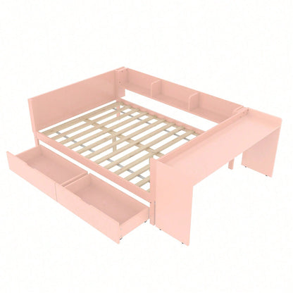 Flachbett, Holzbett, 140x200cm, mit Schreibtisch, ausgestattet mit 2 Schubladen, Doppelbett(Ohne Matratze), mit Regalen, Kiefer + Spanplatte, Rosa