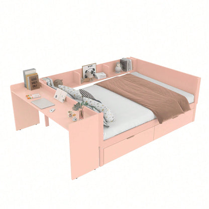 Flachbett, Holzbett, 140x200cm, mit Schreibtisch, ausgestattet mit 2 Schubladen, Doppelbett(Ohne Matratze), mit Regalen, Kiefer + Spanplatte, Rosa