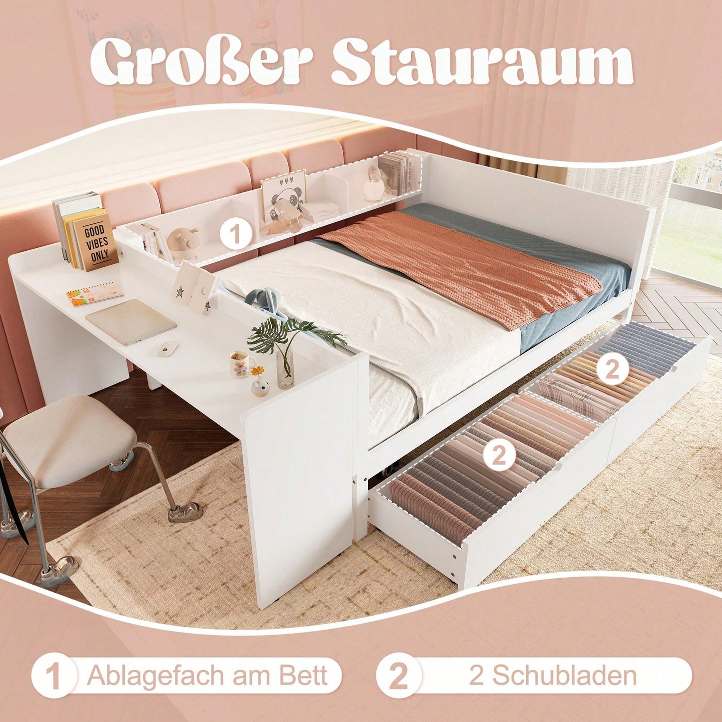 Flachbett, Holzbett, 140x200cm, mit Schreibtisch, ausgestattet mit 2 Schubladen, Doppelbett(Ohne Matratze), mit Regalen, Kiefer + Spanplatte, Rosa