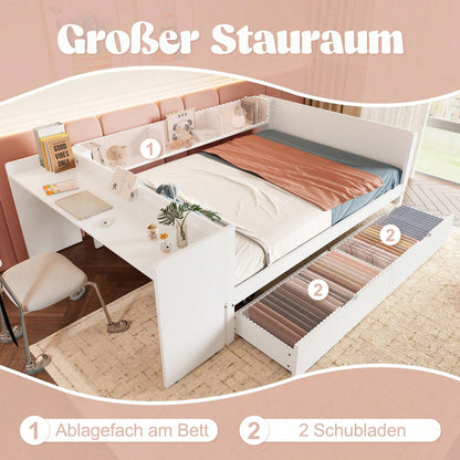 Flachbett, Holzbett, 140x200cm, mit Schreibtisch, ausgestattet mit 2 Schubladen, Doppelbett(Ohne Matratze), mit Regalen, Kiefer + Spanplatte, Rosa