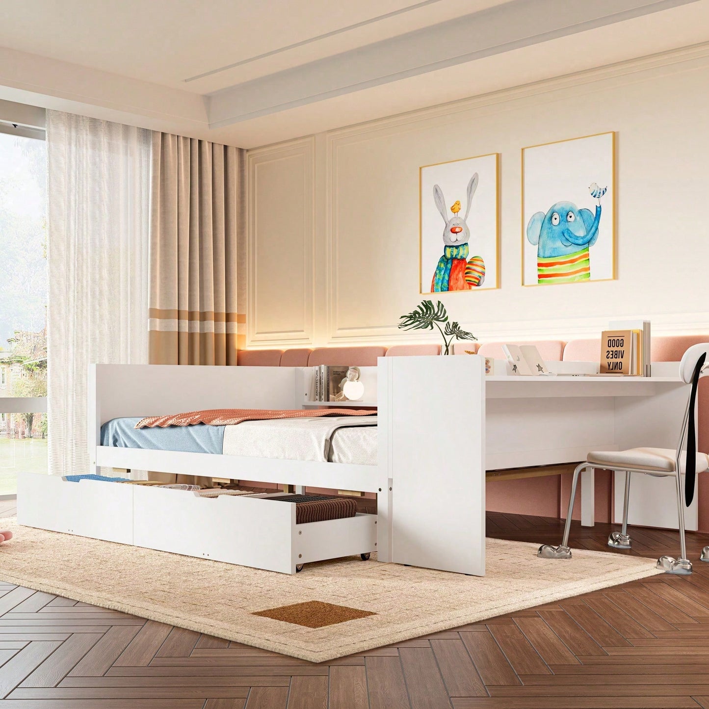 Flachbett, Holzbett, 140x200cm, mit Schreibtisch, ausgestattet mit 2 Schubladen, Doppelbett(Ohne Matratze), mit Regalen, Kiefer + Spanplatte, Rosa