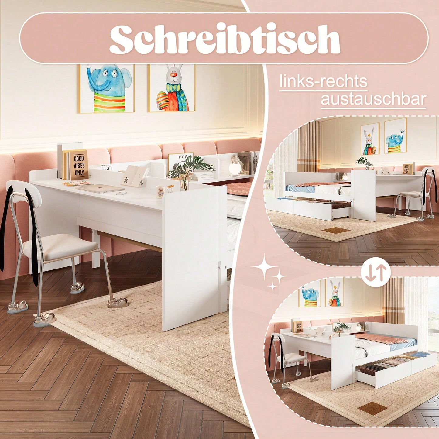 Flachbett, Holzbett, 140x200cm, mit Schreibtisch, ausgestattet mit 2 Schubladen, Doppelbett(Ohne Matratze), mit Regalen, Kiefer + Spanplatte, Rosa