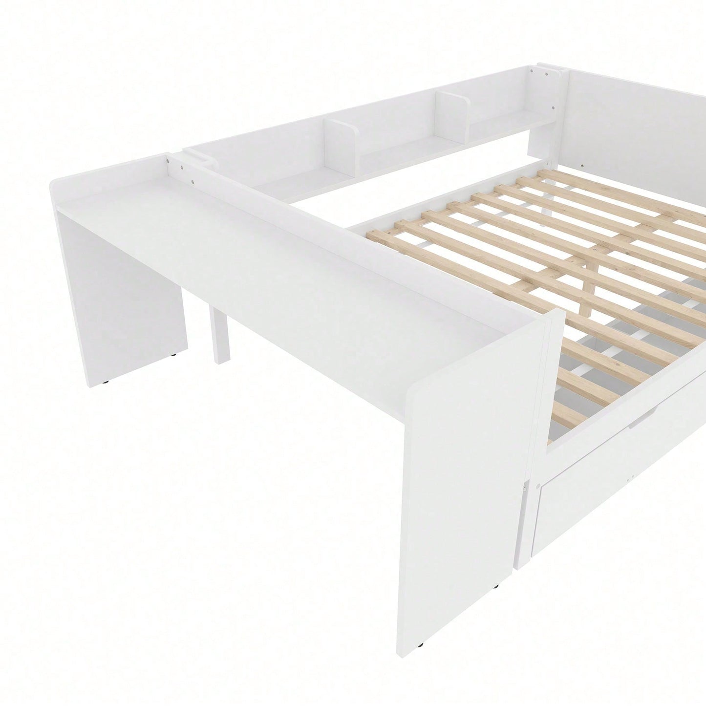 Flachbett, Holzbett, 140x200cm, mit Schreibtisch, ausgestattet mit 2 Schubladen, Doppelbett(Ohne Matratze), mit Regalen, Kiefer + Spanplatte, Rosa