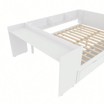 Flachbett, Holzbett, 140x200cm, mit Schreibtisch, ausgestattet mit 2 Schubladen, Doppelbett(Ohne Matratze), mit Regalen, Kiefer + Spanplatte, Rosa